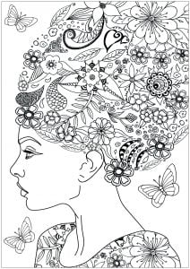 Coloring woman with hairs in flowers