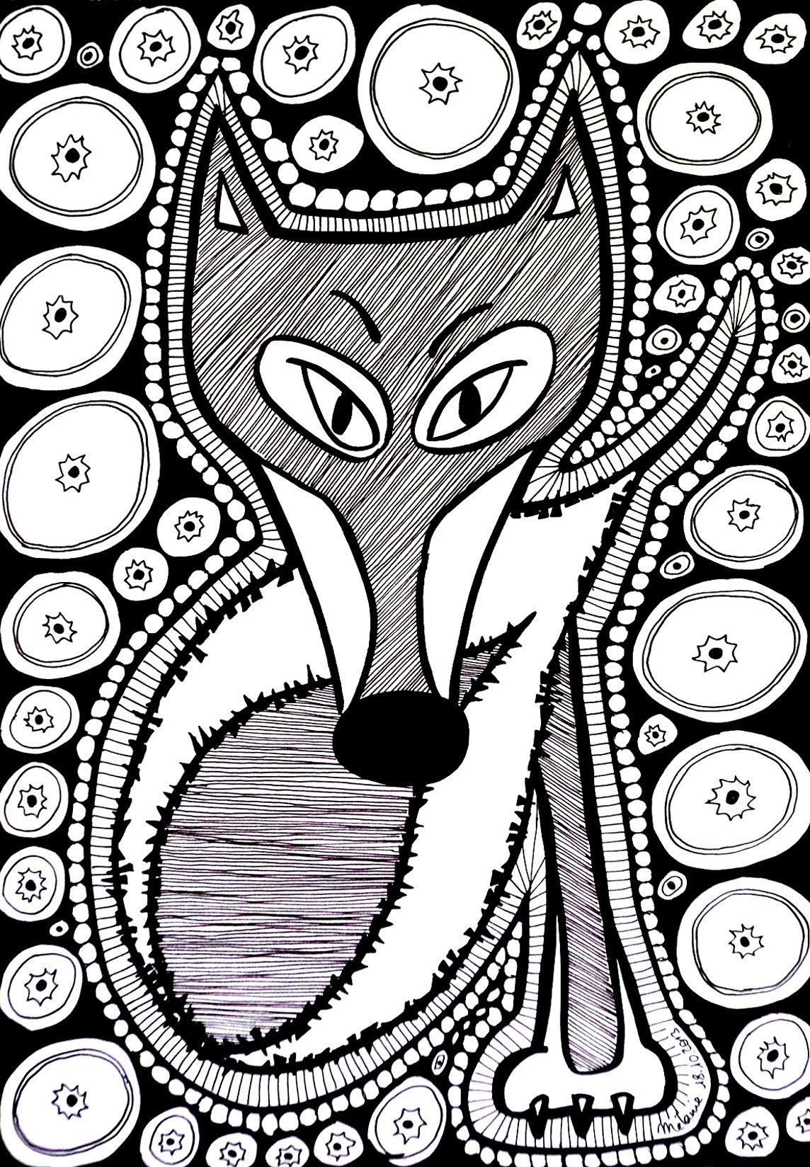 Black & white drawing of a fox composed of many elements and shapes, color it by choosing colors representing your mood