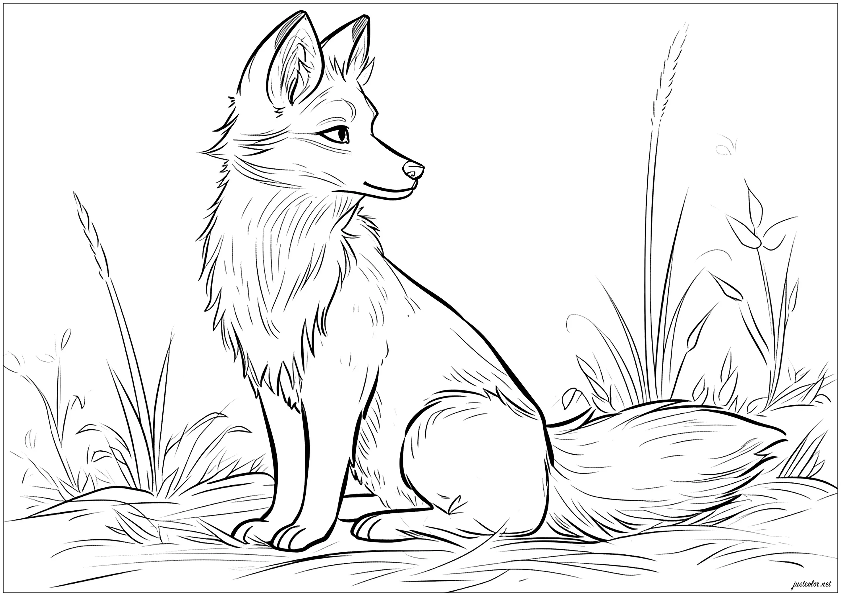 Pretty fox amidst simple vegetation (Printable Coloring Page for adults)