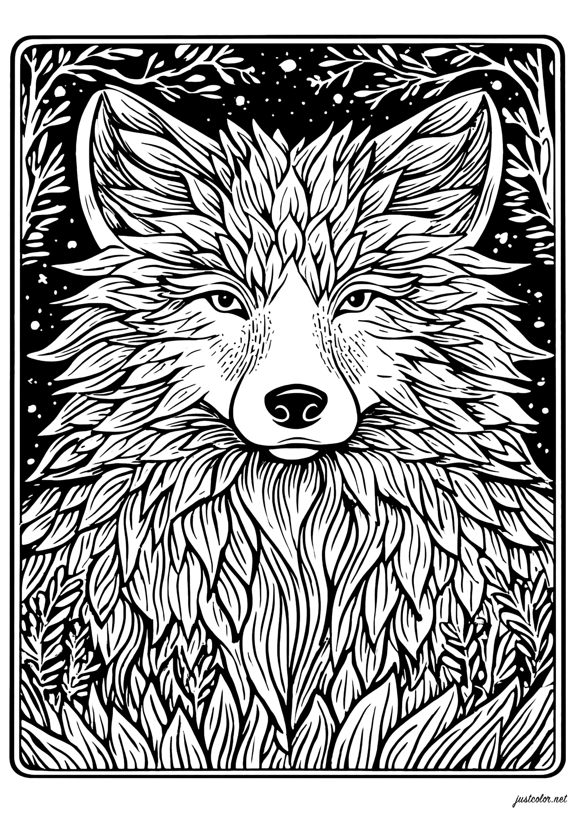 Mystical portrait of a fox (Printable Coloring Page for adults)