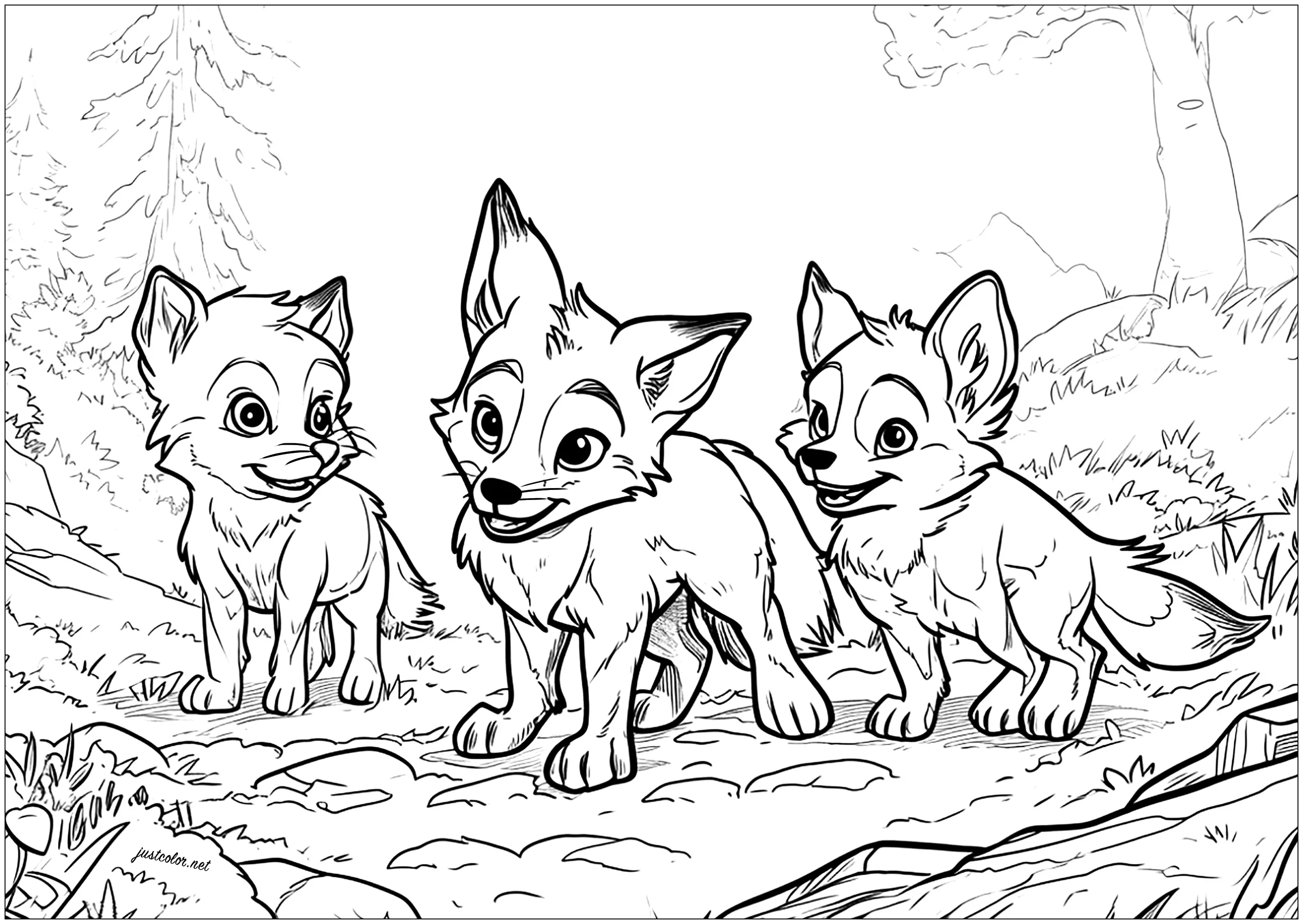Three young foxes in the forest (Printable Coloring Page for adults)