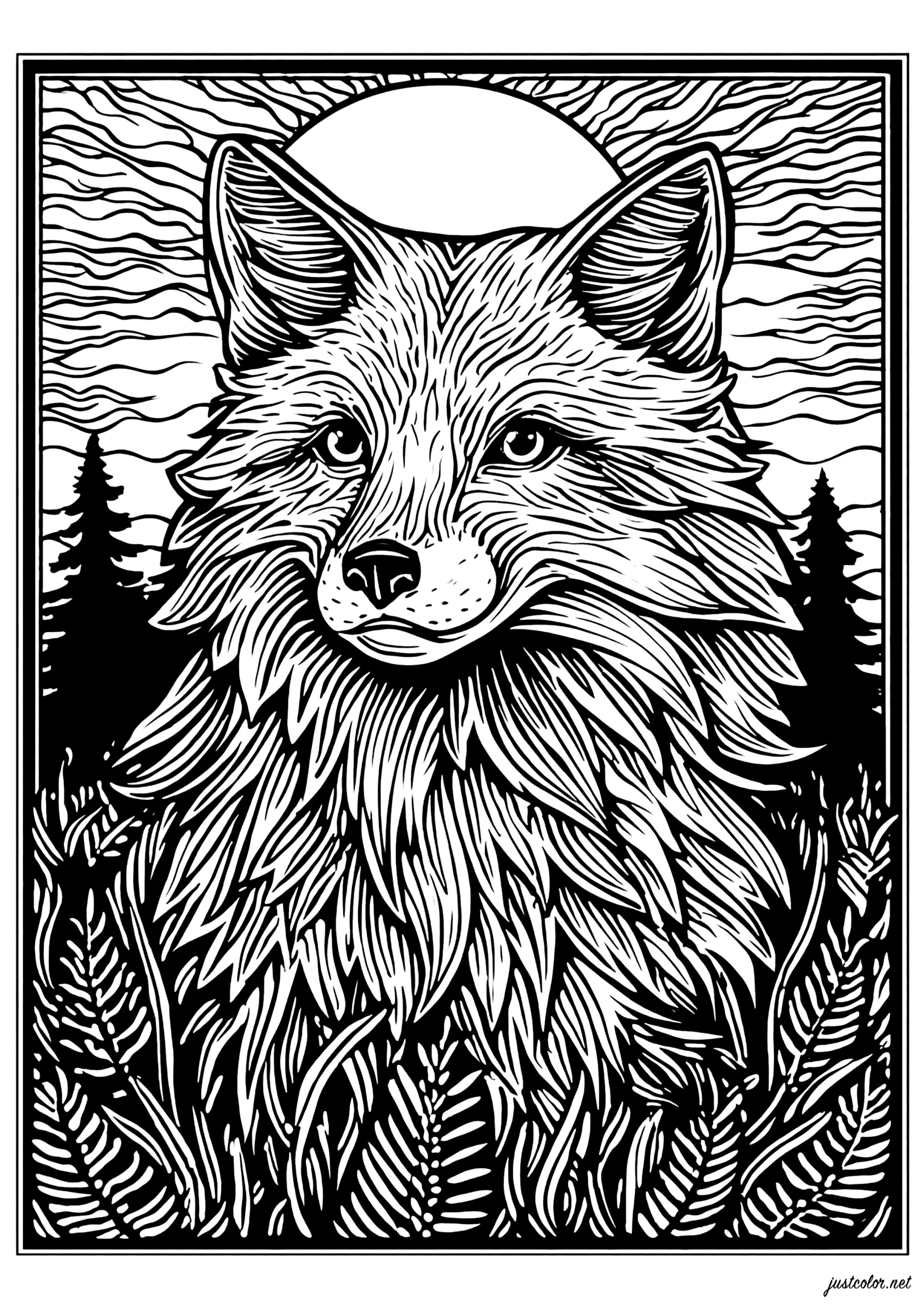 Serenity of a fox (Printable Coloring Page for adults)