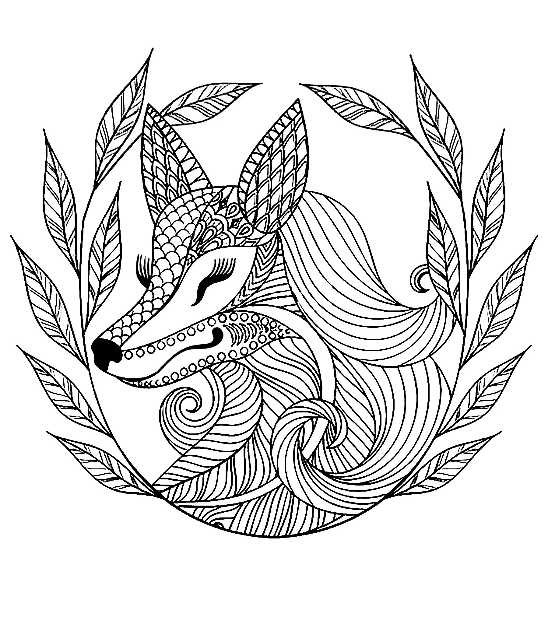 Fox and leaves (Printable Coloring Page for adults)