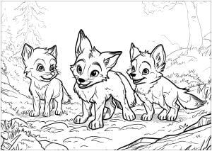 Three young foxes in the forest