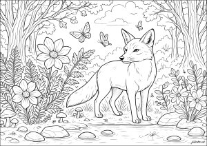 Fox by the pond (Coloring Page)