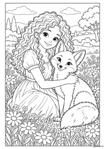 Girl and fox in the meadow