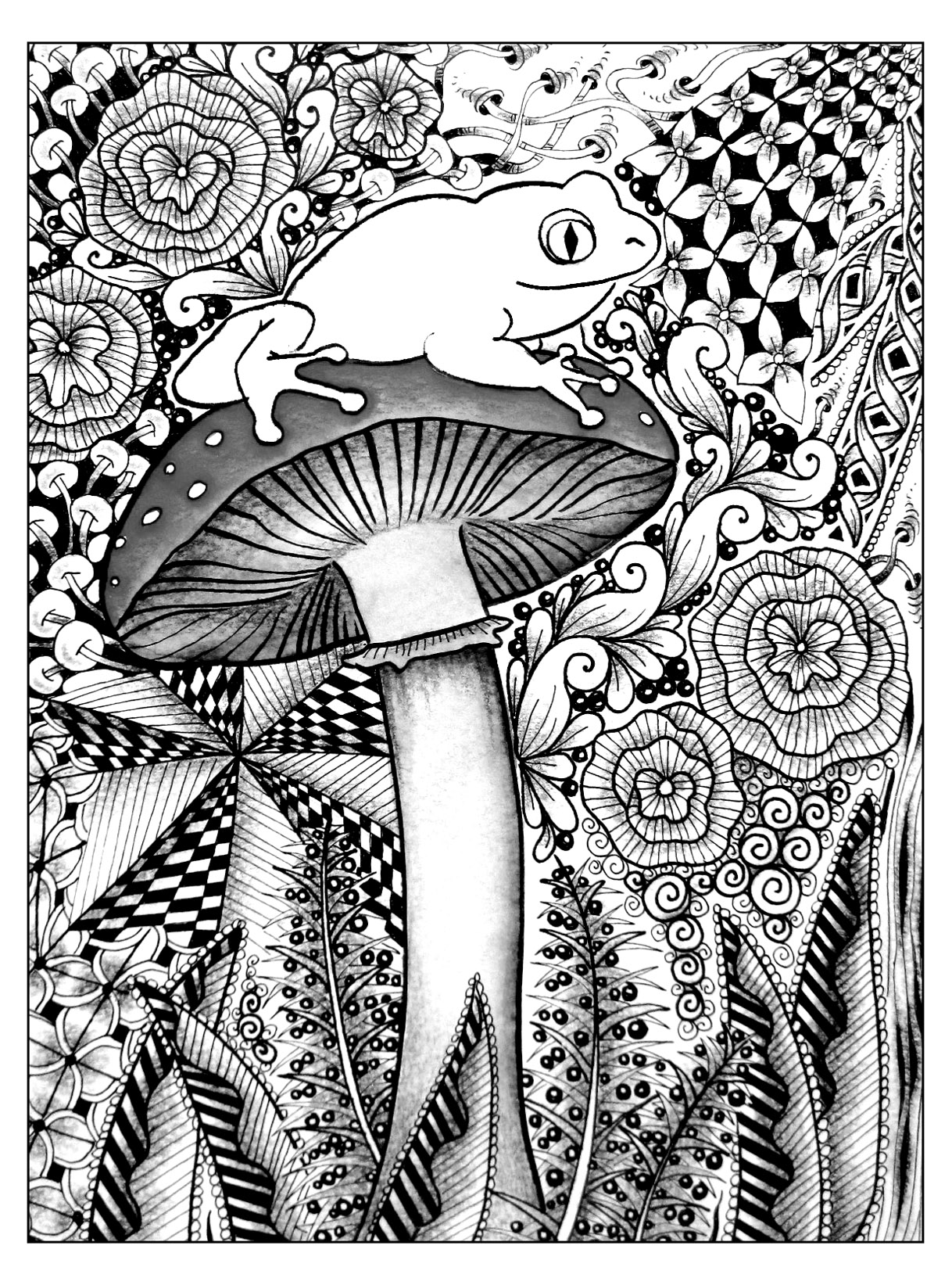 A Pretty Frog perched on a mushroom. A real challenge! In this drawing, a pretty frog is perched on a mushroom. They are surrounded by mesmerizing vegetation ... There are a lot of details to take into account to make this coloring.