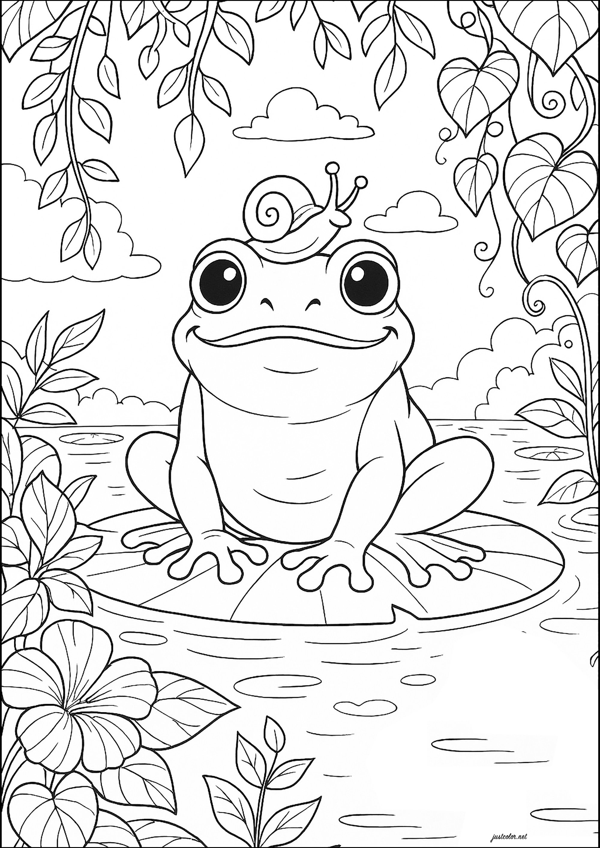 Cute coloring page with a frog and his snail friend