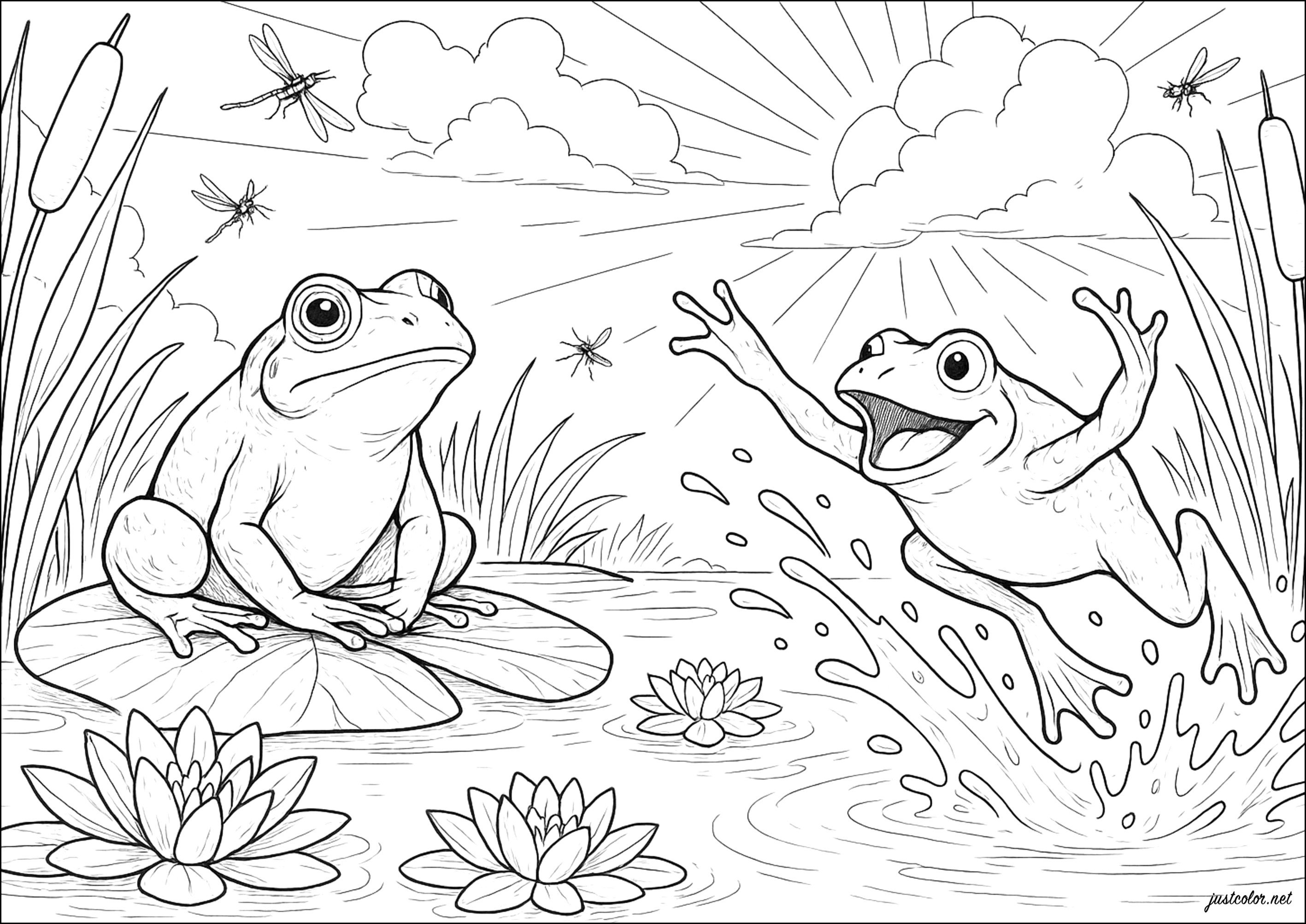 Frogs in summer frolic (Printable Coloring Page for adults)