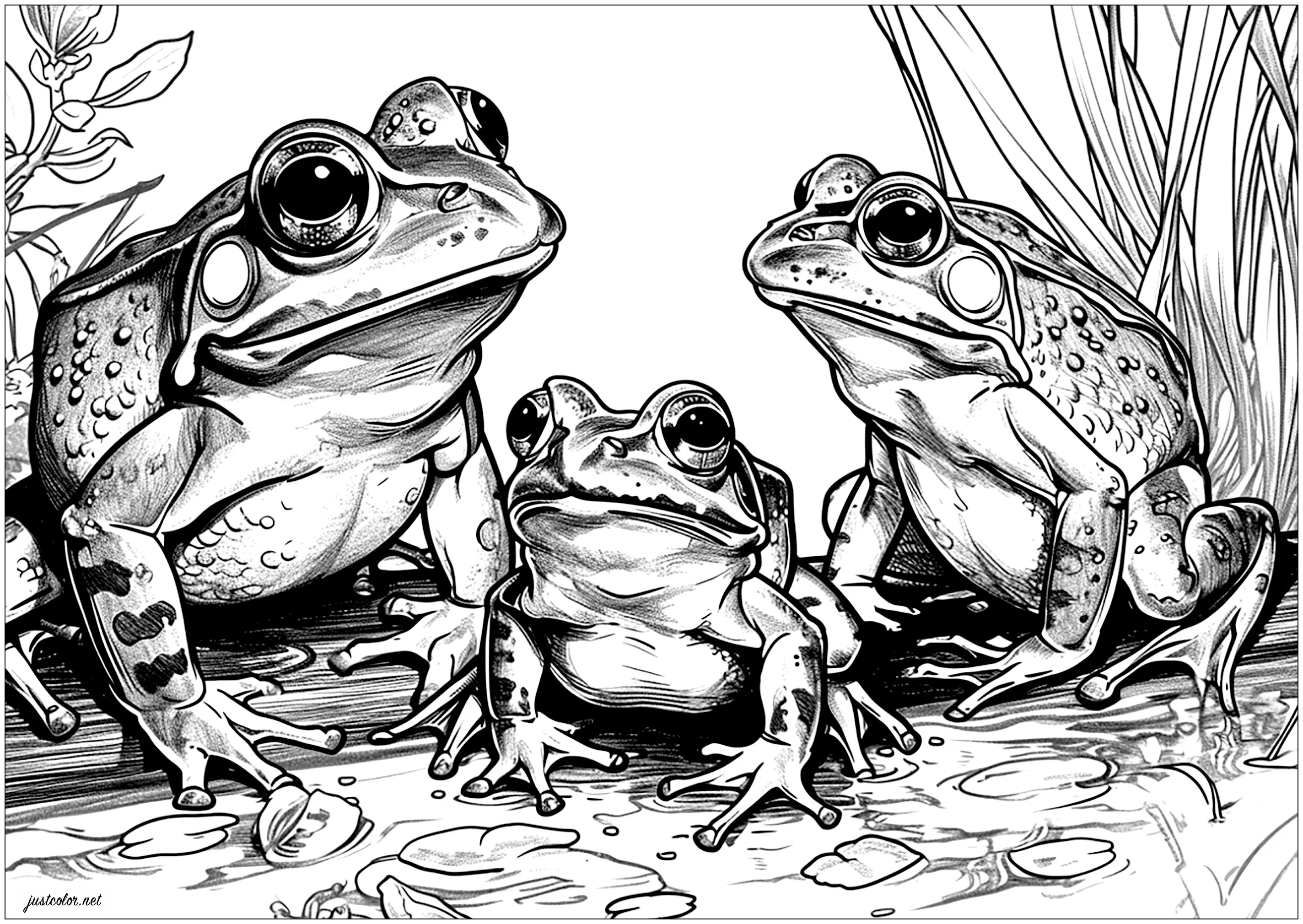 Three frogs (Printable Coloring Page for adults)