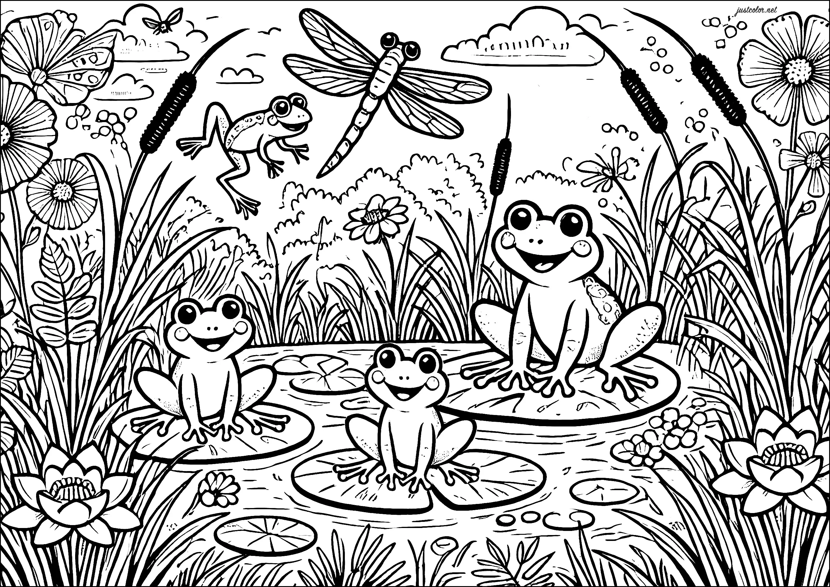 Frogs and large dragonfly (Printable Coloring Page for adults)