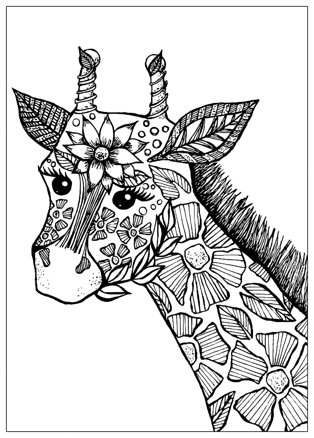 Giraffe Head with flowers - Giraffes Adult Coloring Pages