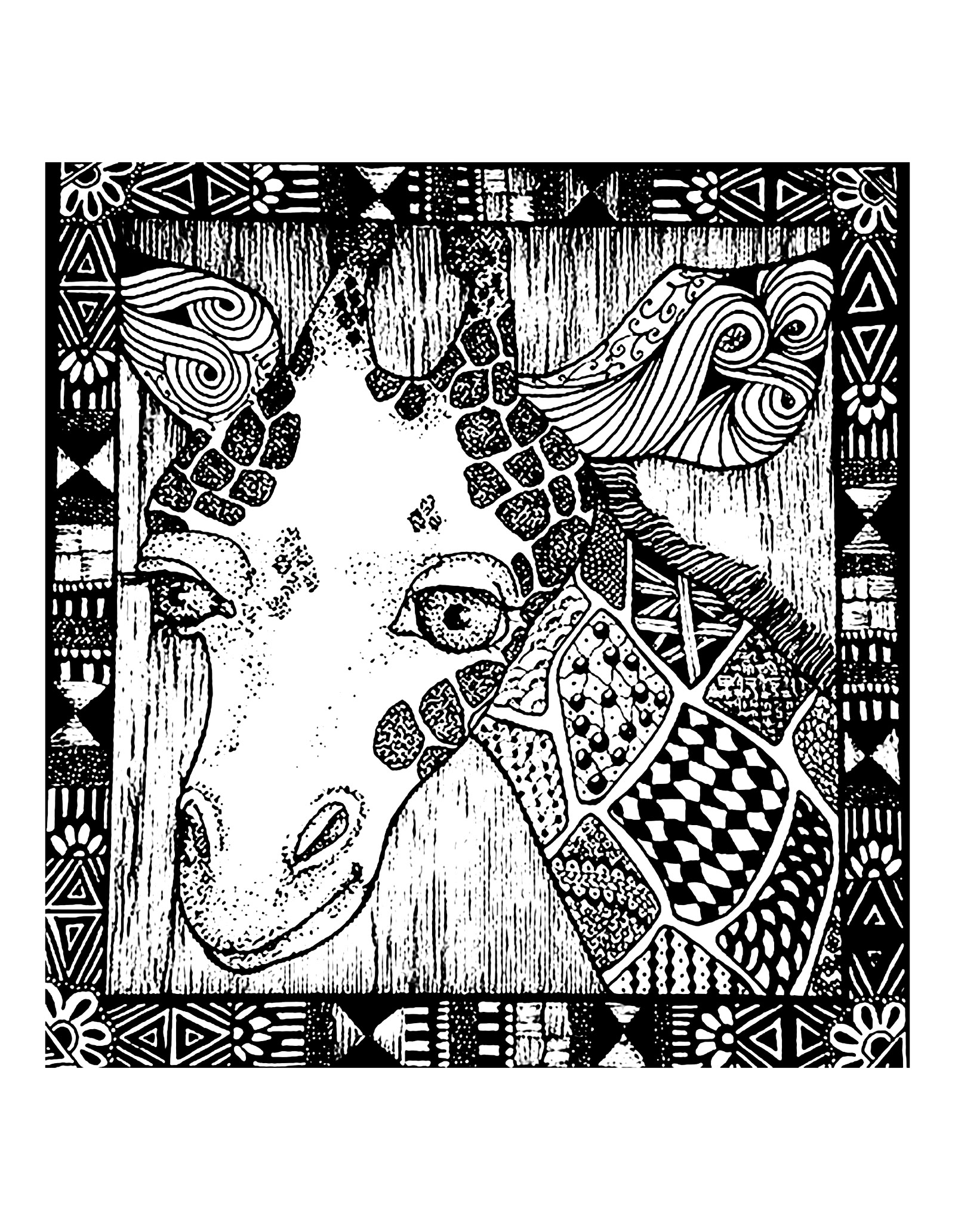 A giraffe head, with beautiful patterns