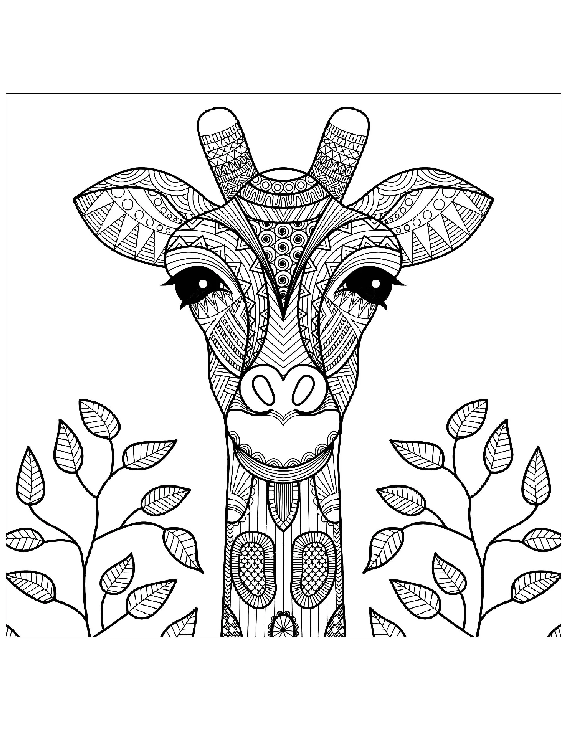 Giraffe head with leaves (Printable Coloring Page for adults)