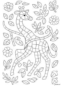 Stylized giraffe dancing among flowers. A playful giraffe soars among leaves and flowers, creating a cheerful, lively scene.
Color each zone with the colors of your choice, according to the inspiration of the moment. Stylized Giraffe Dancing Among Flowers