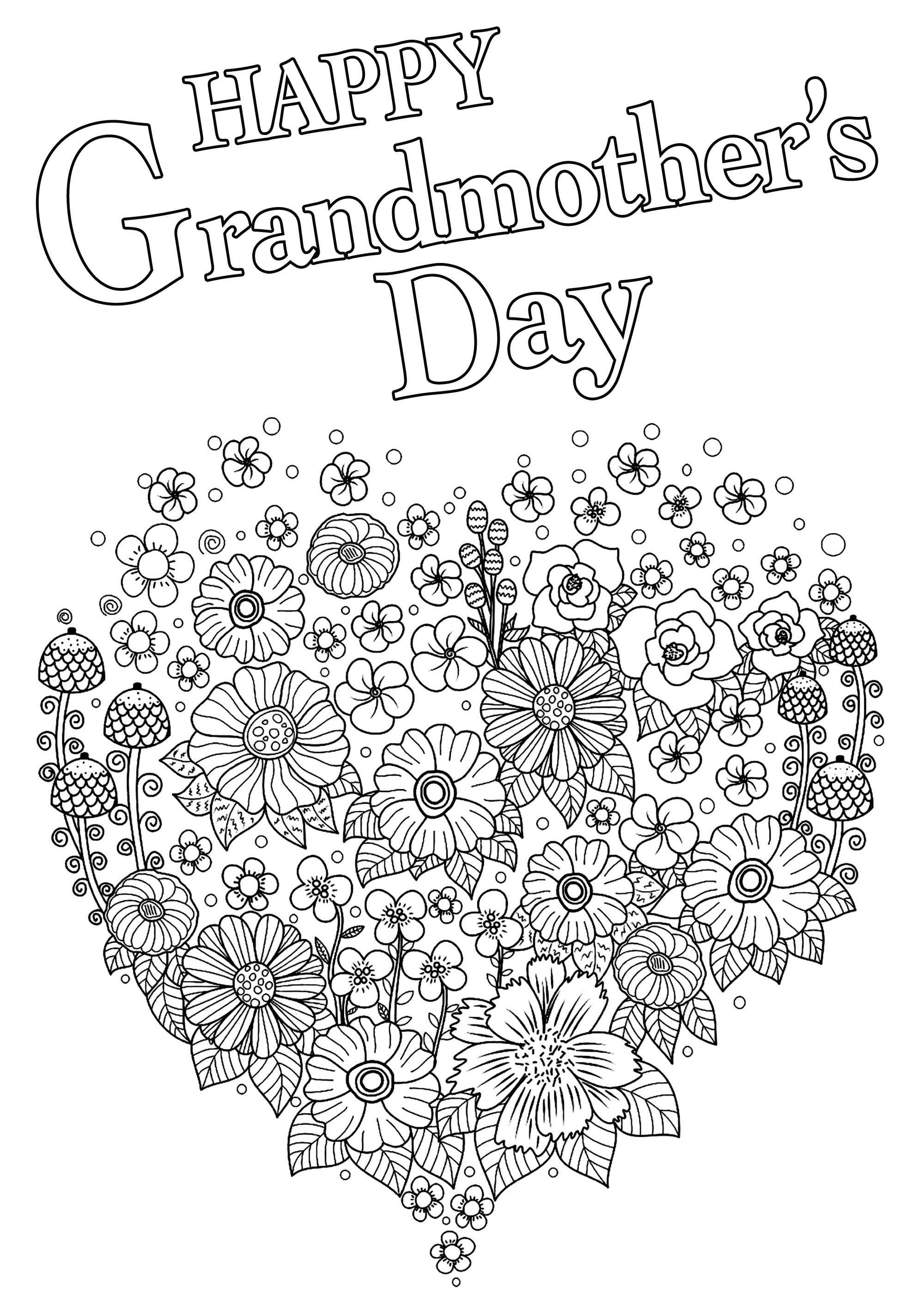 Happy Grandmother's day coloring page : Heart full of various flowers