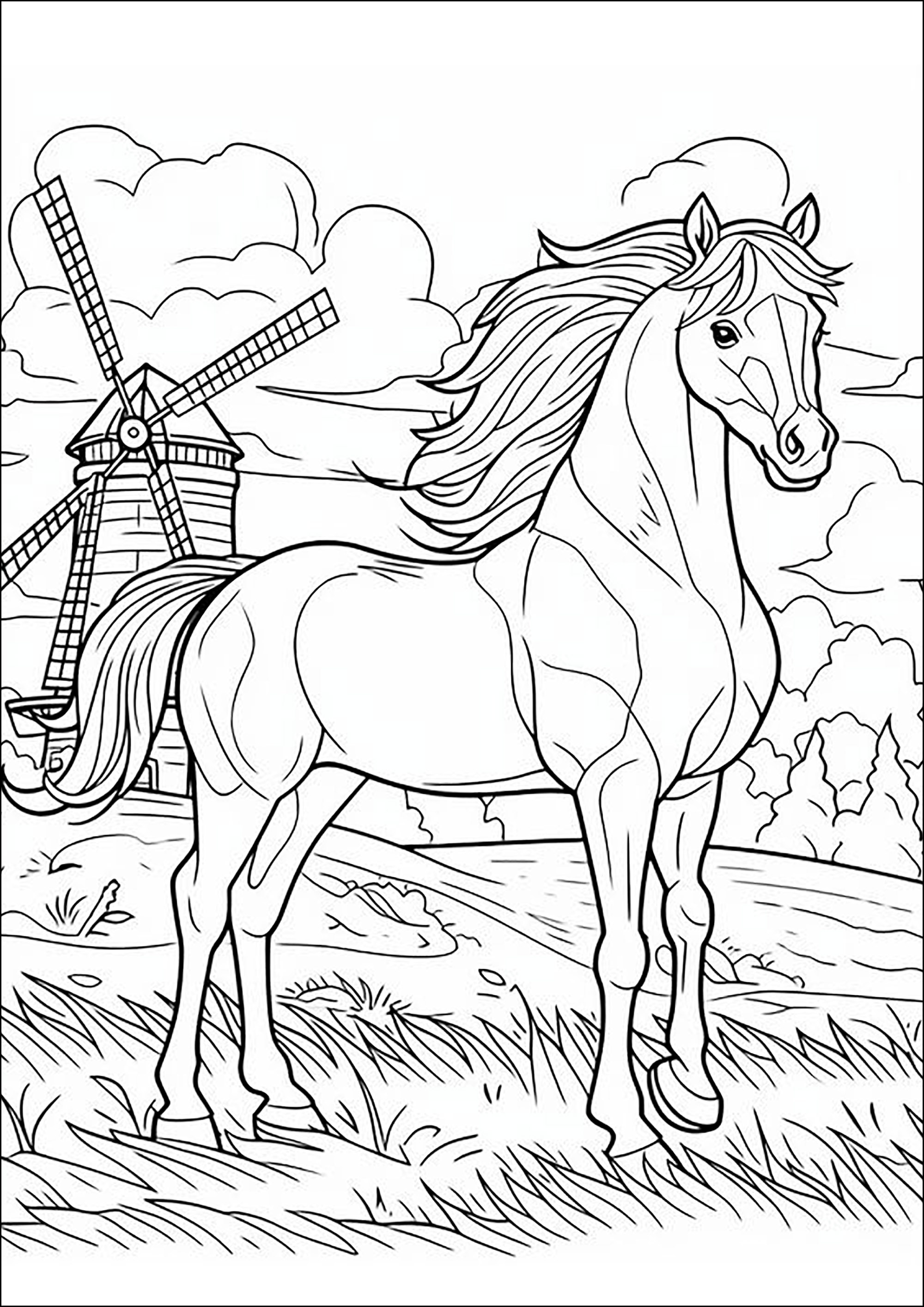 Horse with mane in the wind, with a windmill in the background. An inspiring coloring page