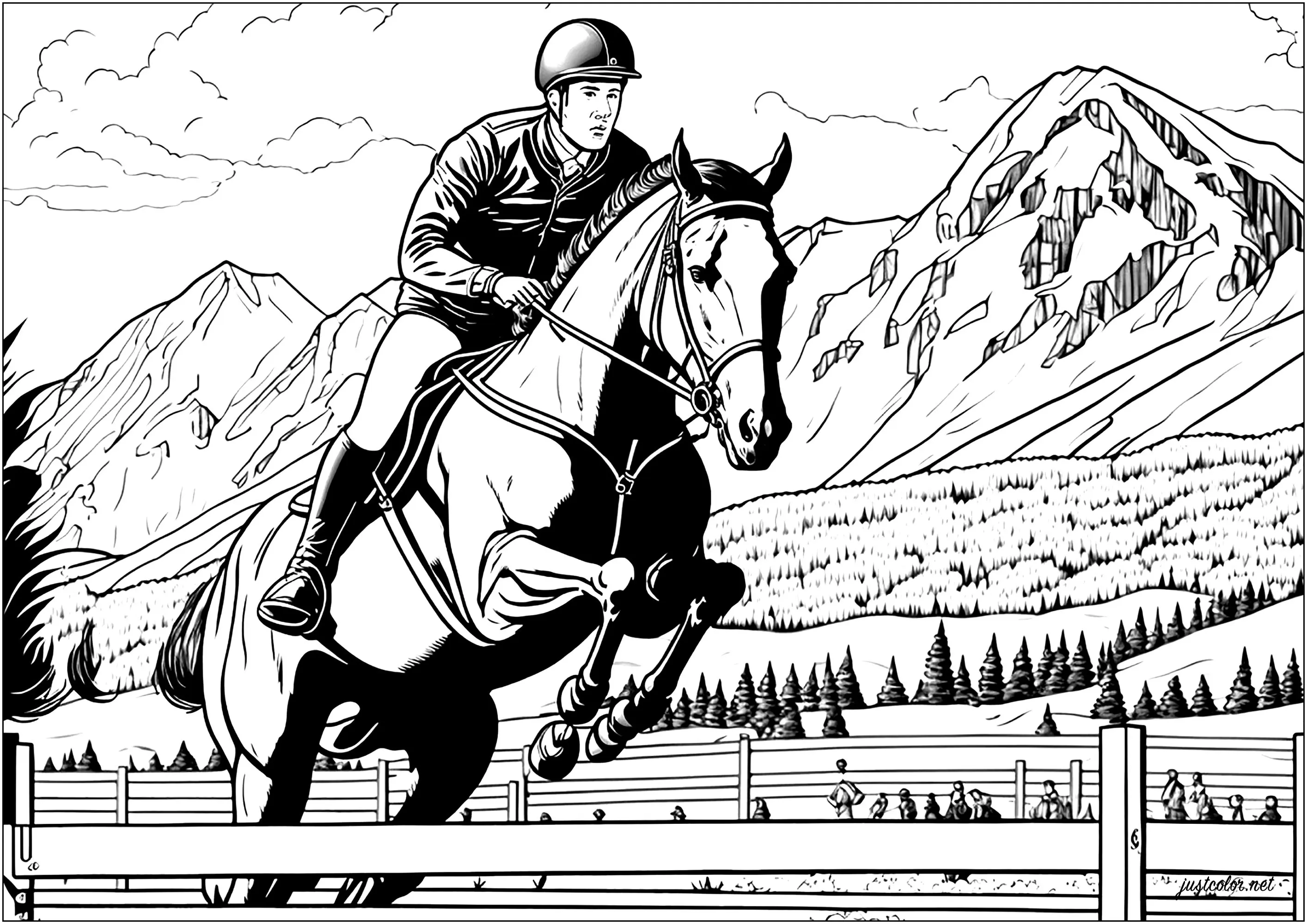 Jockey riding horse - 2 (Printable Coloring Page for adults)