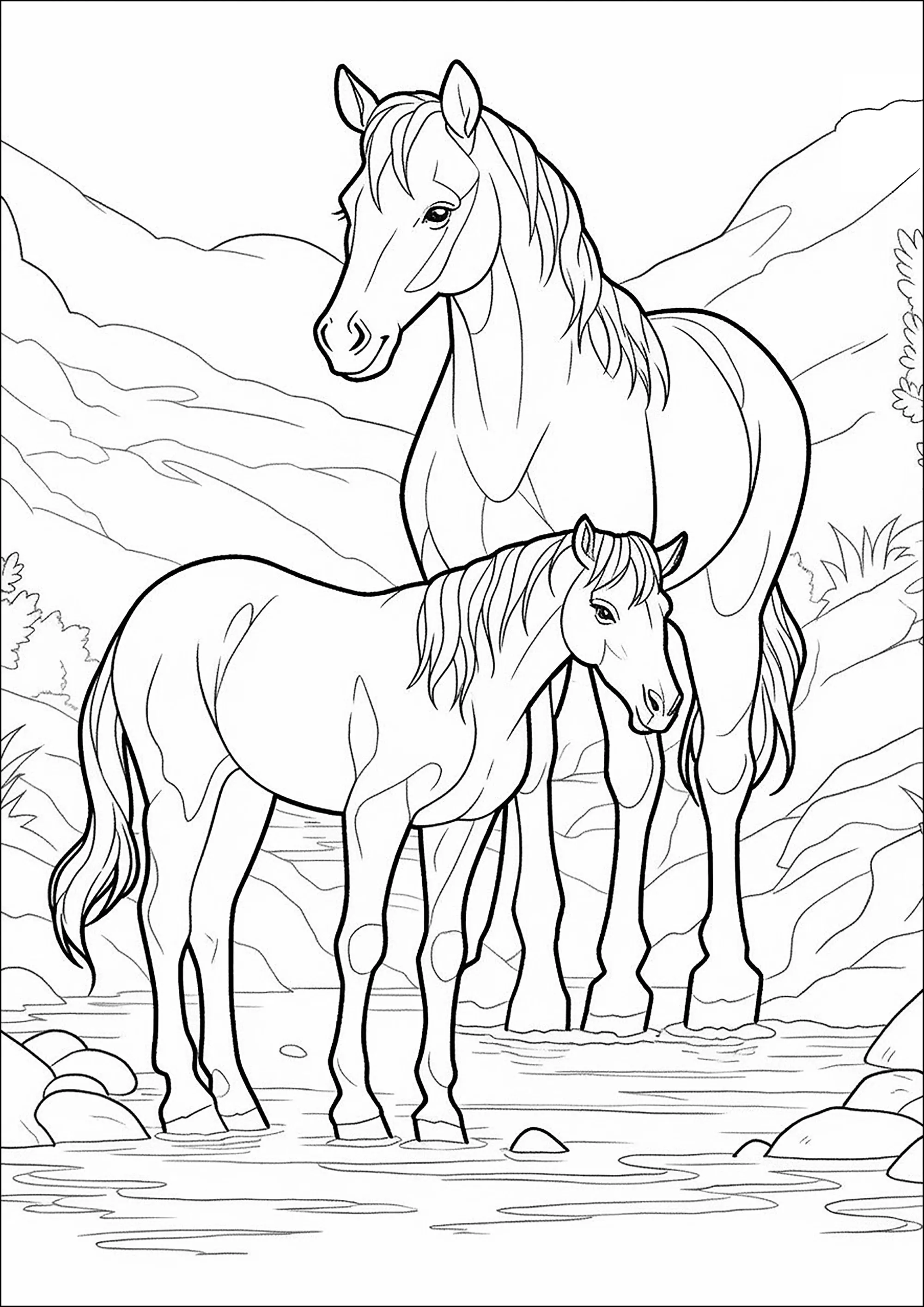 Mare and foal (Printable Horses Coloring Page for adults)