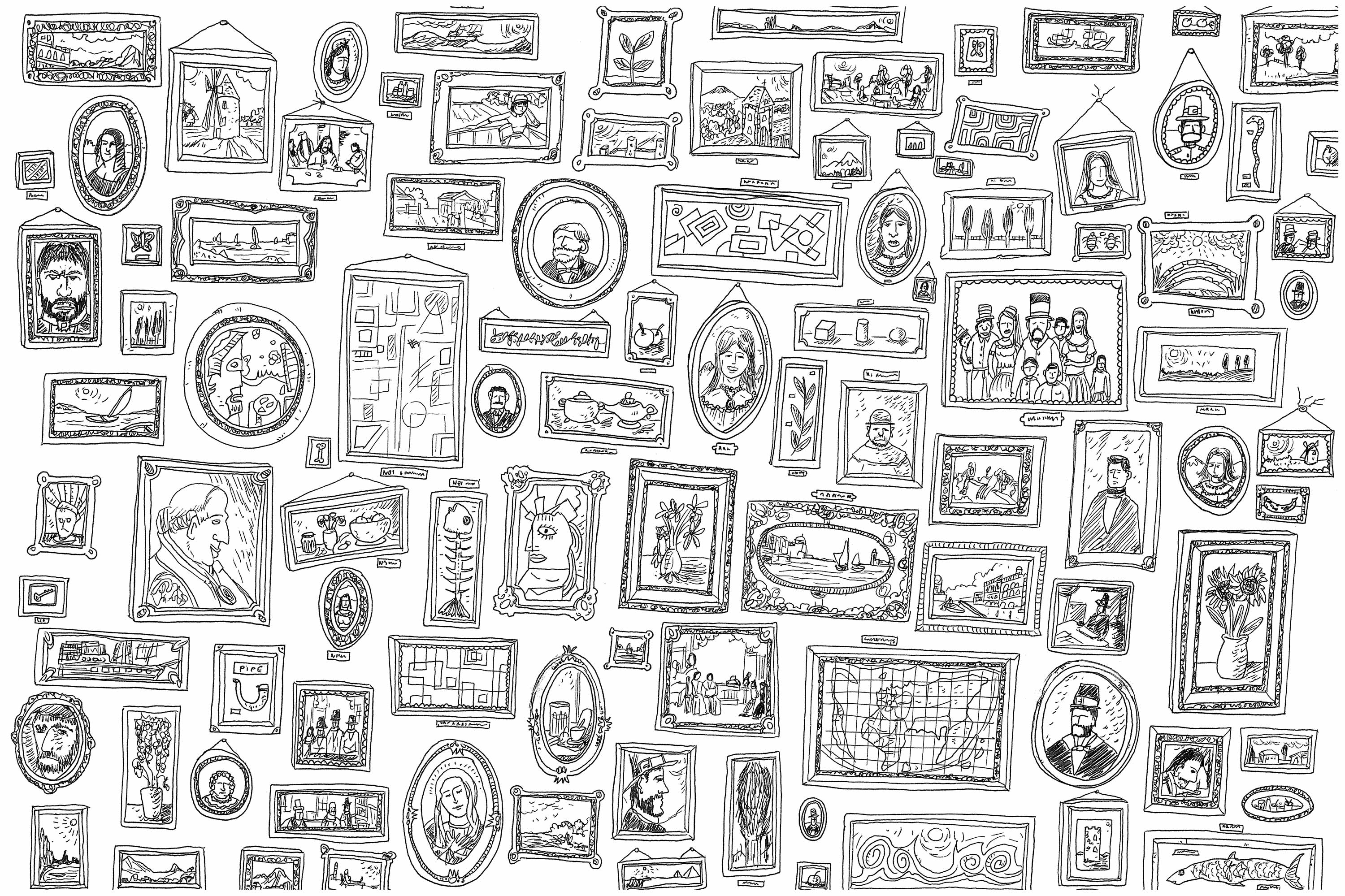 'Portraits', a complex coloring page, 'Where is Waldo ?' style