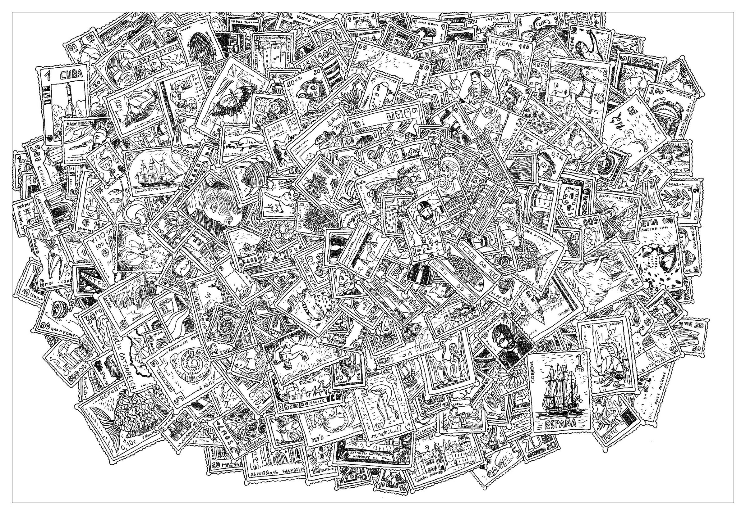 'Stamps', a complex coloring page, 'Where is Waldo ?' style