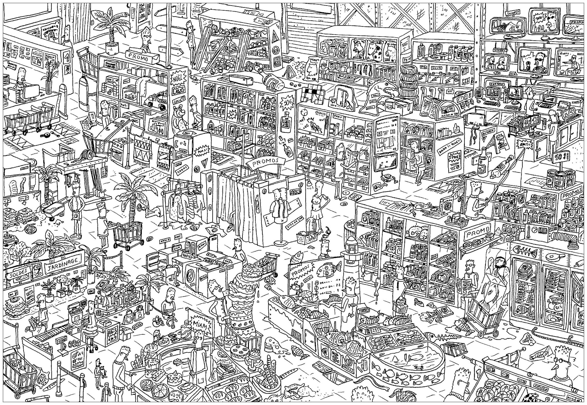 'Store', a complex coloring page, 'Where is Waldo ?' style