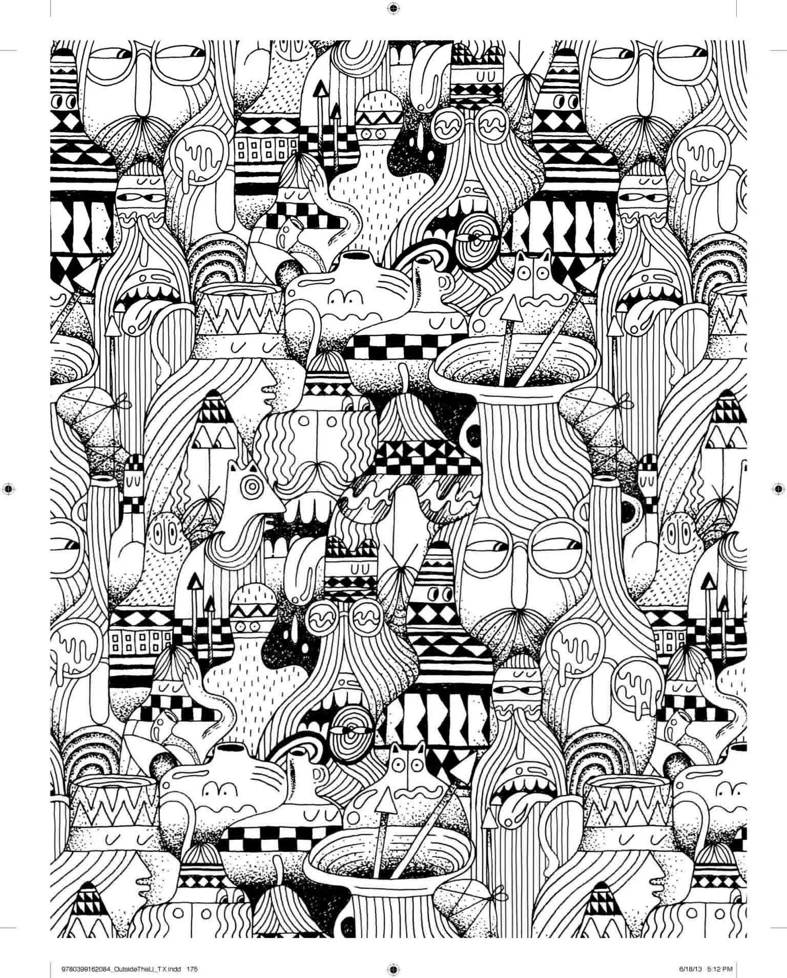 Stranges faces (Printable Unclassifiable Coloring Page for adults)
