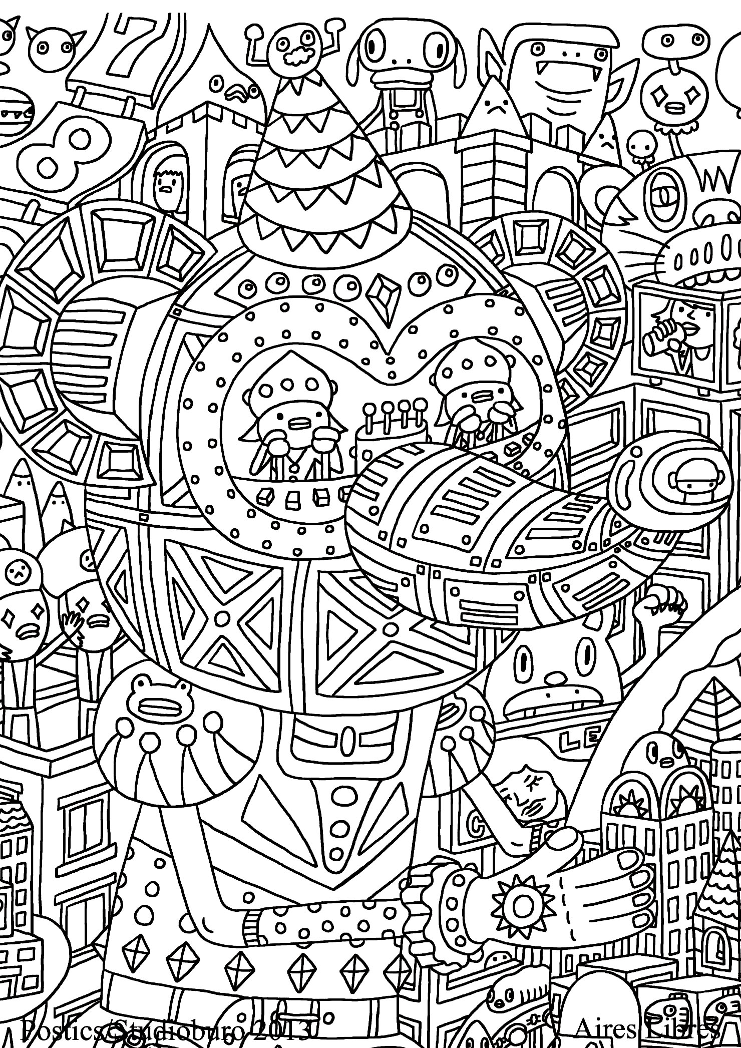Very complex coloring page of an imaginary city with robots and other strange creatures - 1