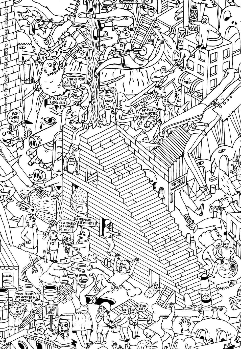 Very complex coloring page of an imaginary city with robots and other strange creatures - 2