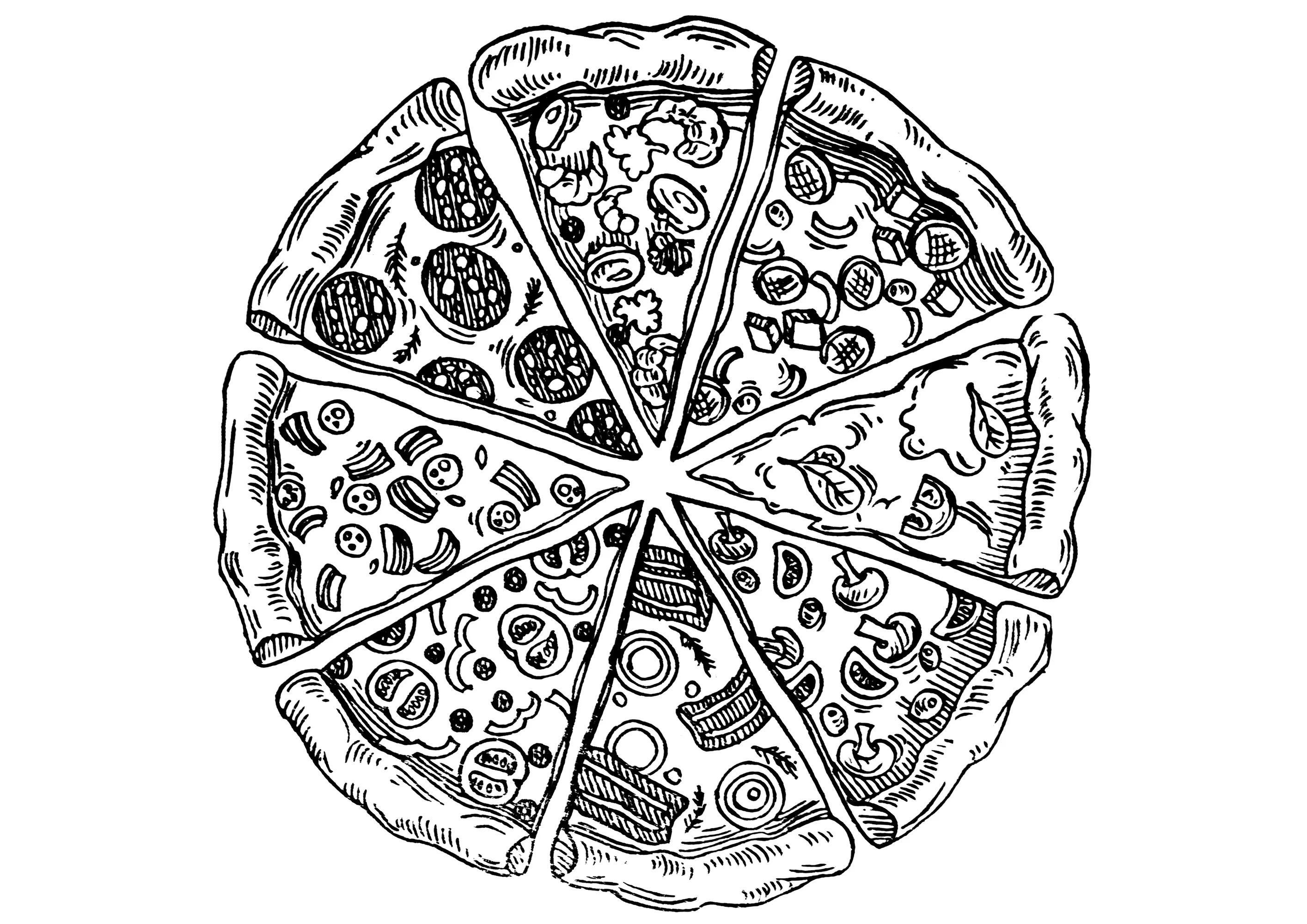 Royal pizza with many ingredients (Printable Unclassifiable Coloring Page for adults)