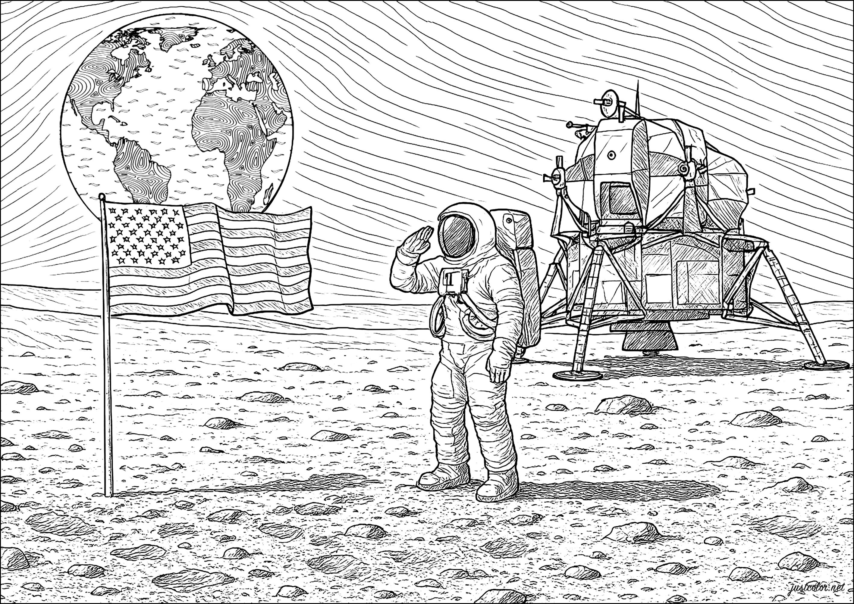 Man's first step on the Moon (Printable Unclassifiable Coloring Page for adults)