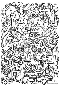 Complex drawing with different doodle creatures (Unclassifiable Coloring Page)