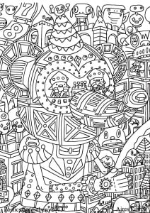 Very complex coloring page of an imaginary city with robots and other strange creatures - 1 (Unclassifiable Coloring Page)