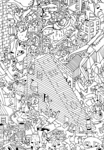 Very complex coloring page of an imaginary city with robots and other strange creatures - 2 (Unclassifiable Coloring Page)