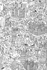 Very complex coloring page of an imaginary city with robots and other strange creatures - 3 (Unclassifiable Coloring Page)