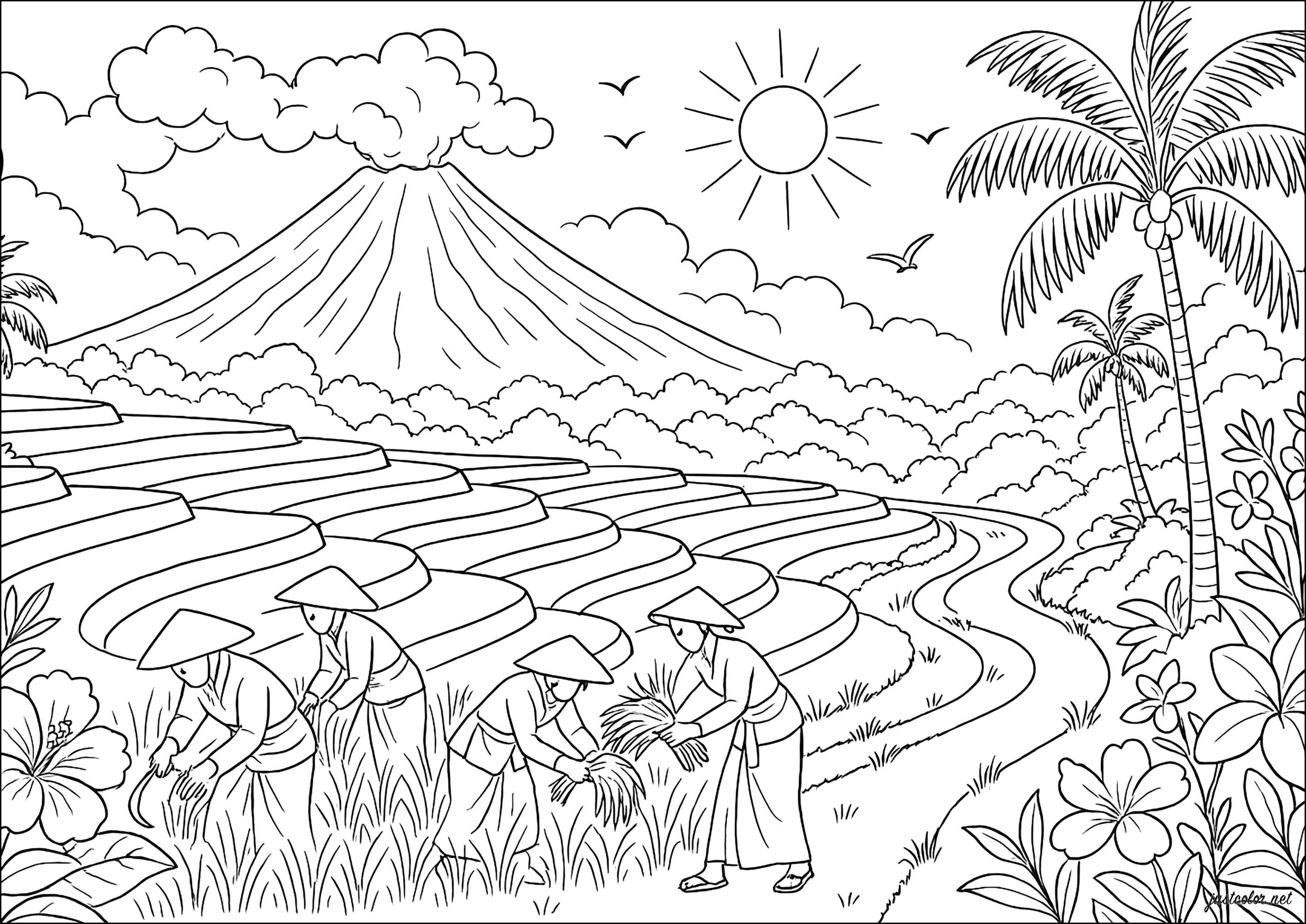 Serene Balinese landscape (Printable Indonesia Coloring Page for adults)