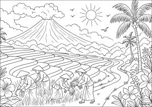 Serene Balinese landscape. A majestic volcano rises above terraced rice fields where farmers are busy. A path lined with palm trees and tropical flowers invites you to take a stroll under a sunny sky. Serene balinese landscape