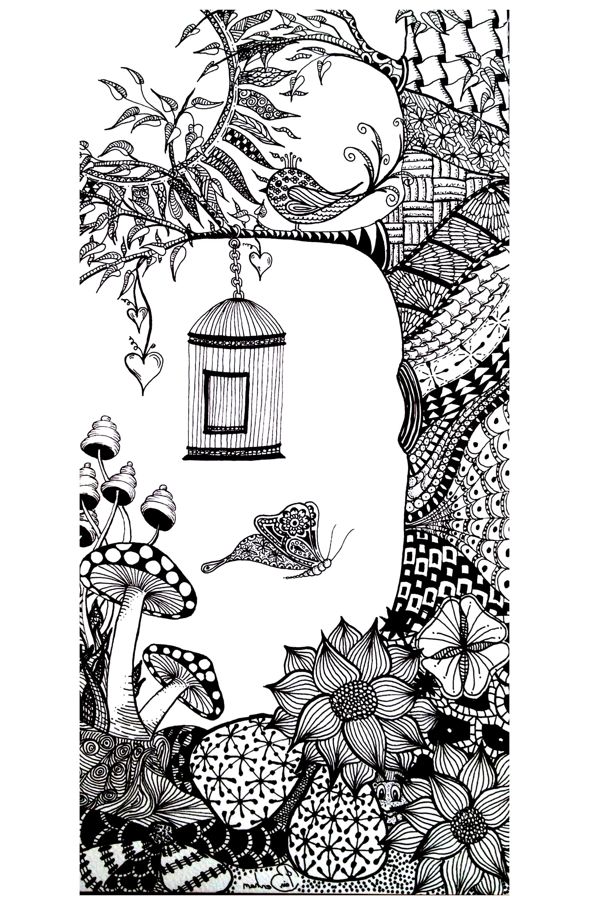 Coloring page with a butterfly and a bird, in a wonderful environment