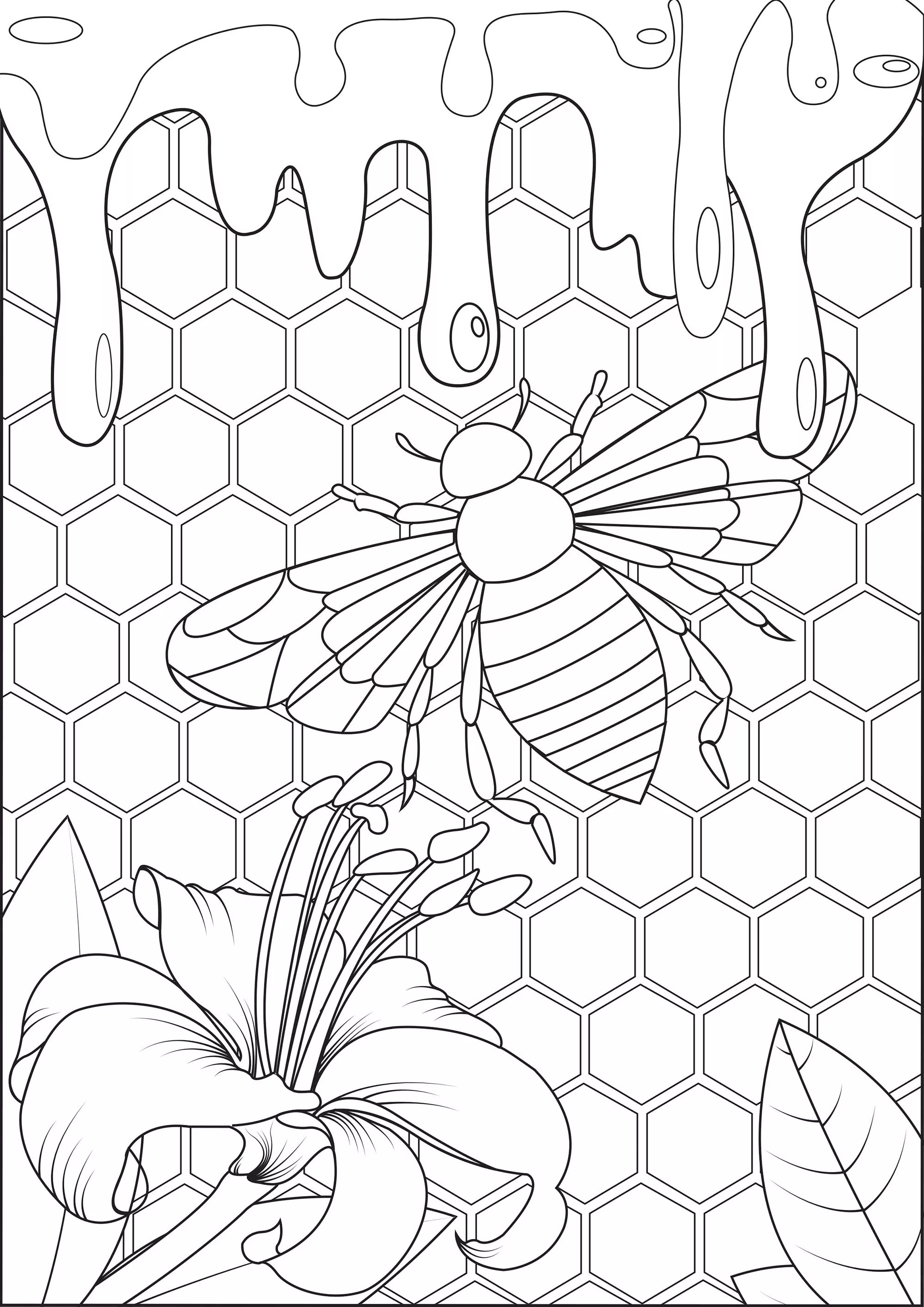 Bees and honey (Printable Butterflies & Insects Coloring Page for adults)