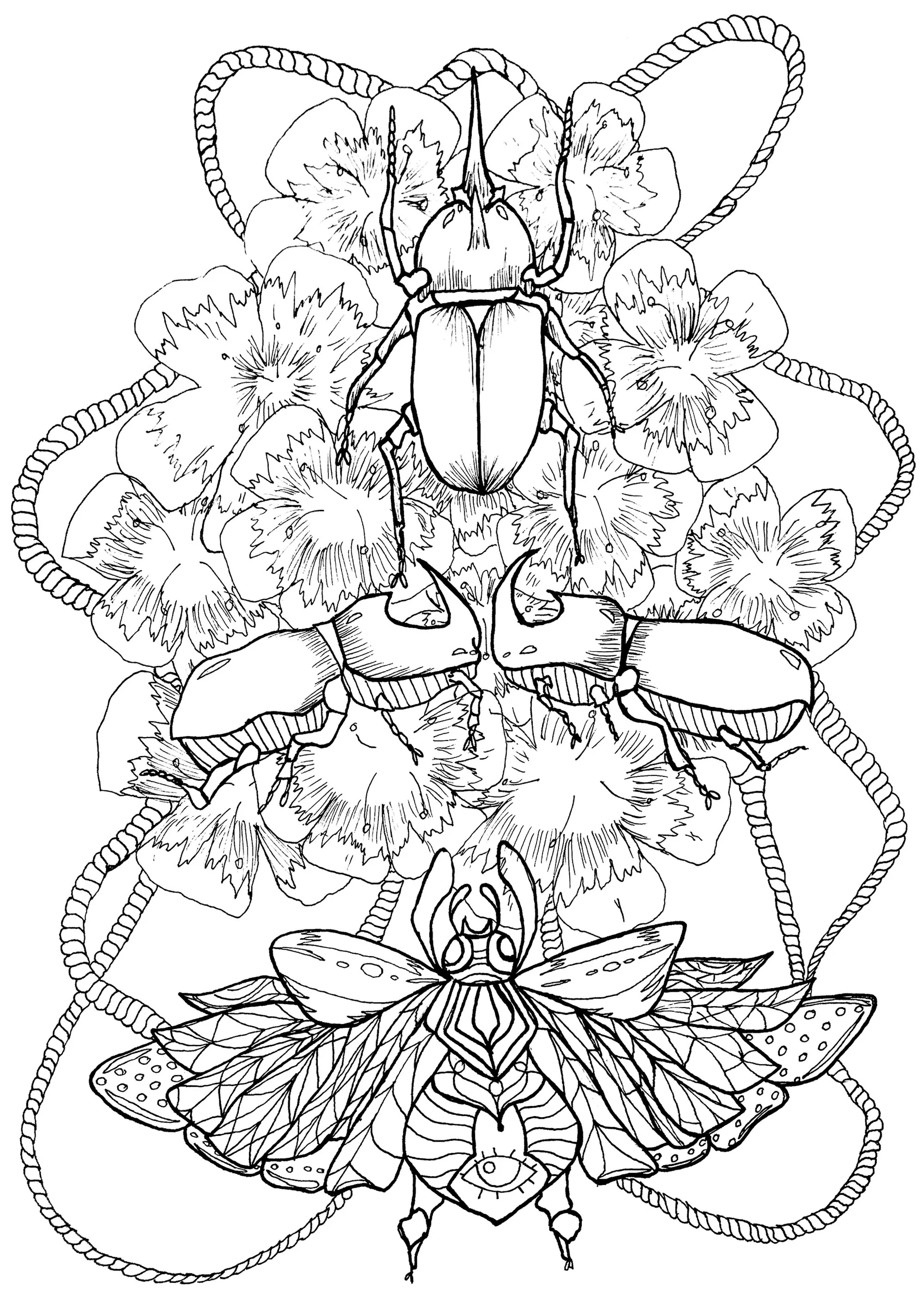 Scarabs and flowers (Printable Butterflies & Insects Coloring Page for adults)