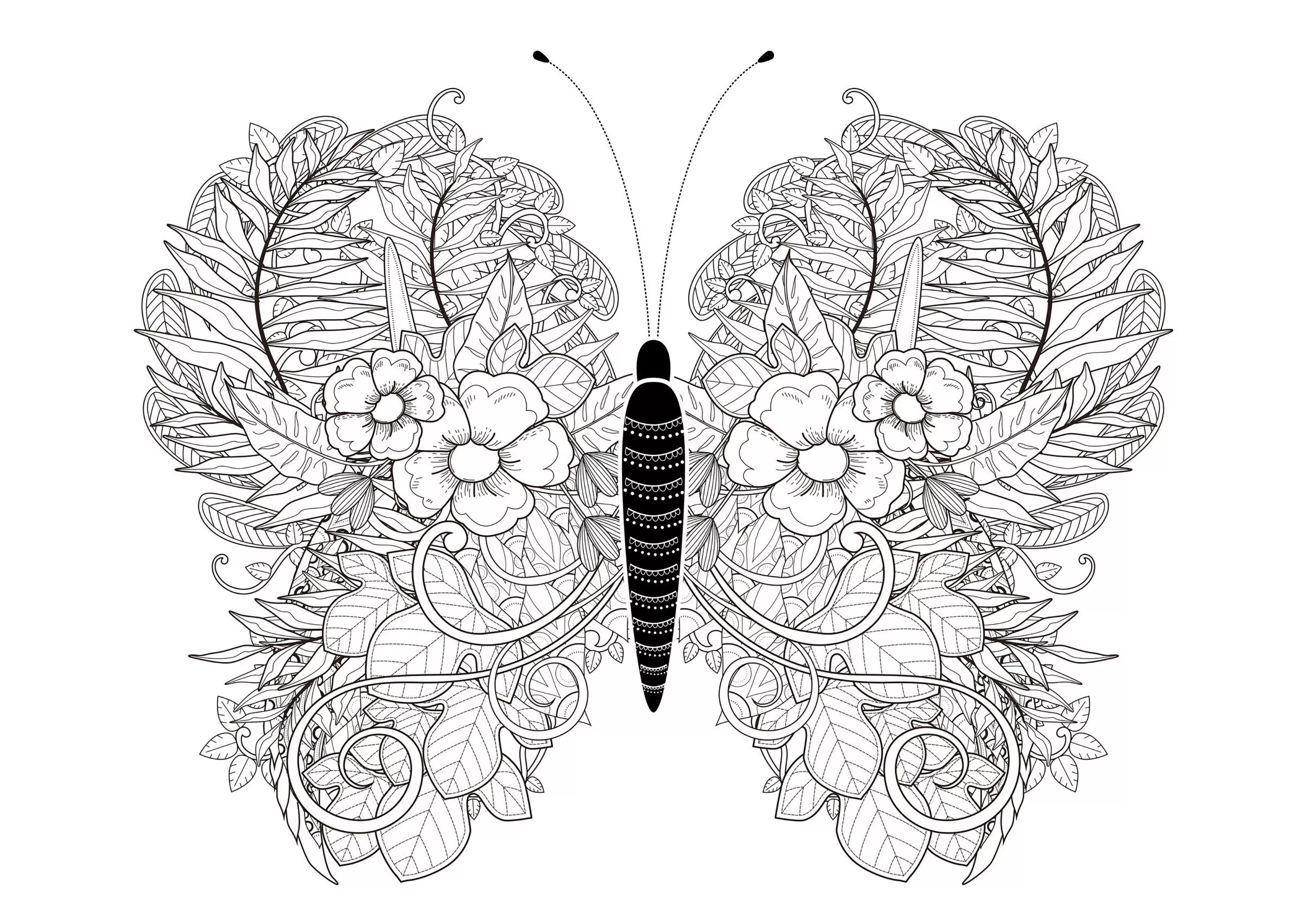 Butterfly with incredible leaves (Printable Butterflies & Insects Coloring Page for adults)