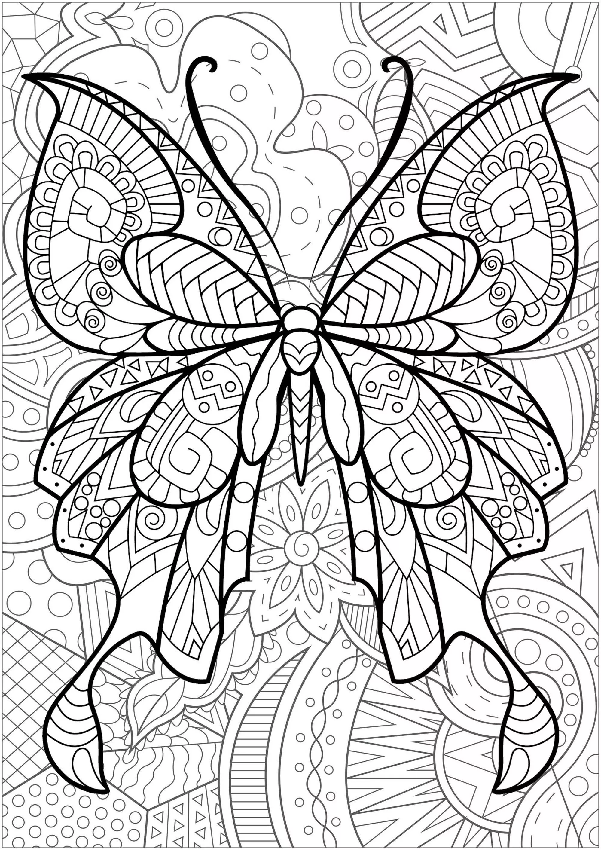 Butterfly with flowered background - 2 (Printable Butterflies & Insects Coloring Page for adults)