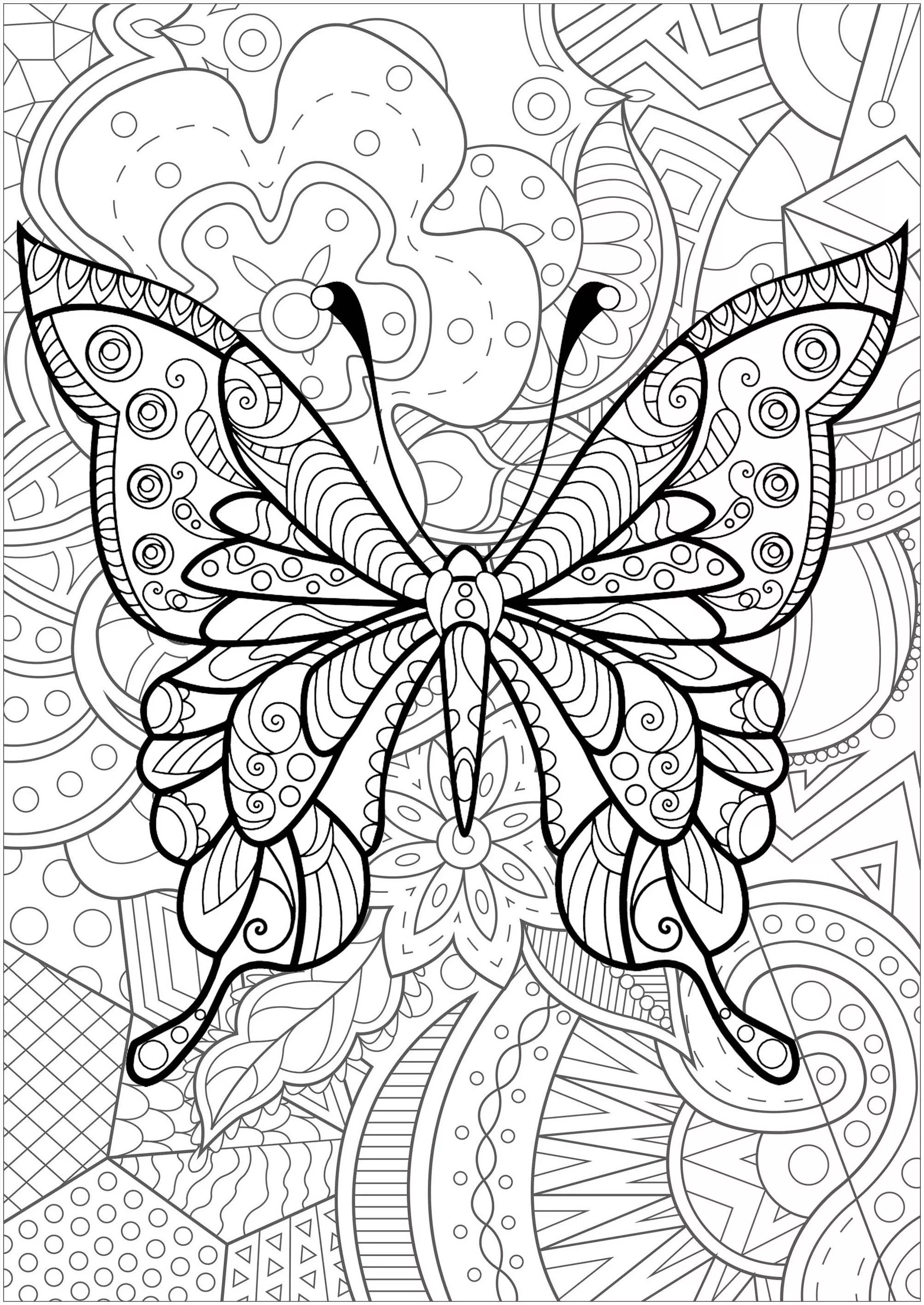 Butterfly with flowered background - 4 (Printable Butterflies & Insects Coloring Page for adults)