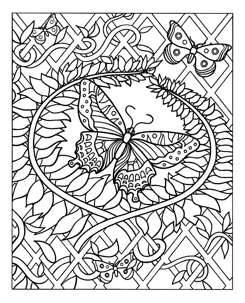 A superb coloring page with a majestic butterfly with harmonious patterns around