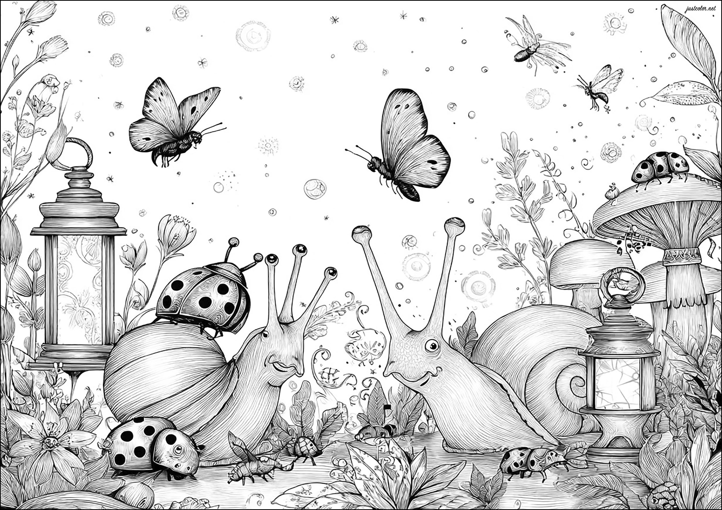 Butterflies flying over huge snails (Printable Butterflies & Insects Coloring Page for adults)