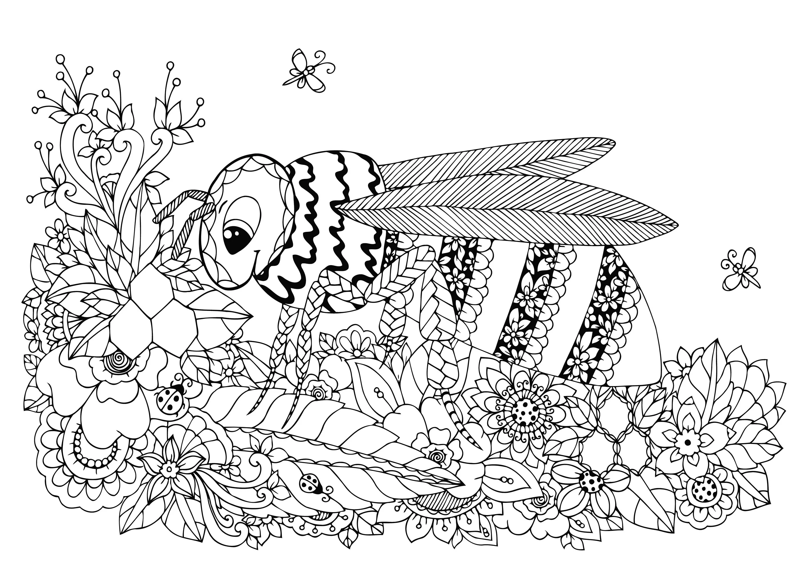 Wasp and flowers (Printable Butterflies & Insects Coloring Page for adults)