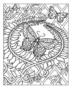 Adult coloring page of a beautiful butterfly, decorated with many eye-pleasing plant patterns . .. much details to color ! (Butterflies & Insects Coloring Page)