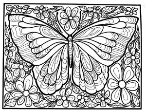 Complex coloring of a large butterfly surrounded by flowers