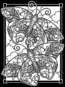 Difficult coloring picture of butterflies, enhanced by a black background (Butterflies & Insects Coloring Page)