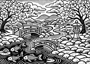Elegant Japanese landscape with carp and bridges